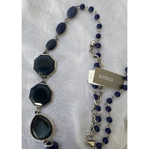 Chicos Blue Stone Silver Tone 19" Long Beaded Chain Statement Necklace NEW - Picture 10 of 16